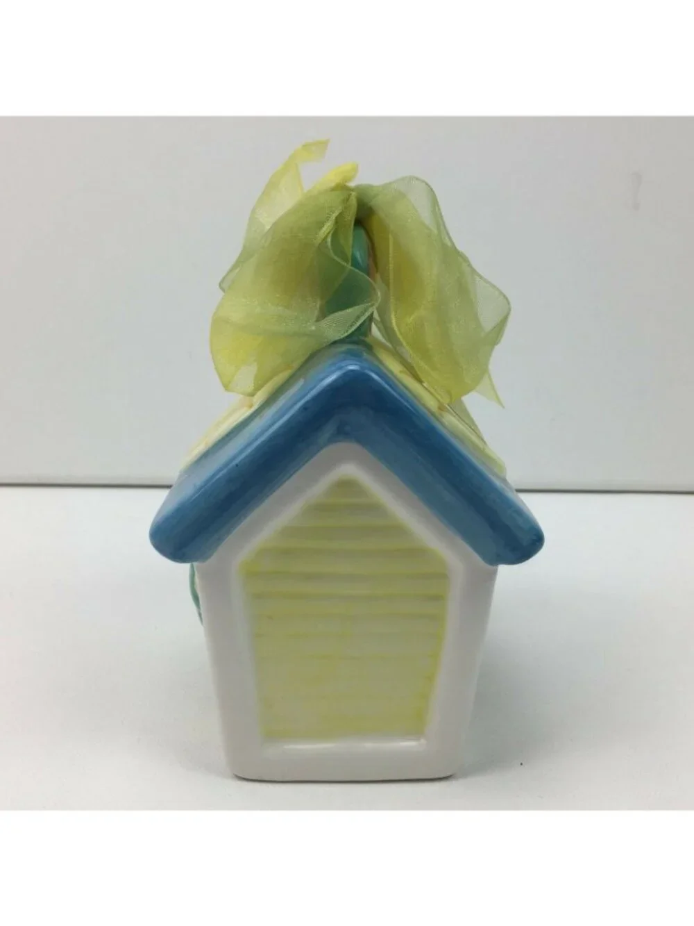 White Ceramic Birdhouse Blue Birds Sun Flowers Purple Yellow Green Ribbon